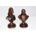 A pair of 19th century Italian olive wood busts of peasants, 13cms (5ins) high.
