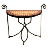 A tiled top and wrought iron demi-lune hall table, 84cms (33ins) wide.