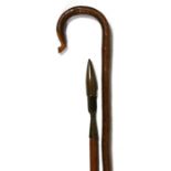 A shepherd's crook; together with a spring loaded brass tipped implement (2).