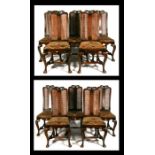 A set of ten 18th century style walnut dining chairs with upholstered seats and bergere backs, on