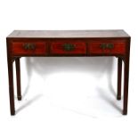 A Chinese hardwood console table with three frieze drawers, on square legs, 133cms (52.25ins) wide.