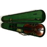 A two-piece backed violin and bow in pine case.