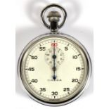 A chrome cased Omega stopwatch; the white dial with outer numerals 0-60 and the inner dial 0-30,