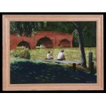 D Armour (Modern British) - Boys Fishing at Sonning Bridge - signed & dated '87 lower right, oil