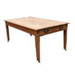 A large pine kitchen table with frieze drawers at each end, standing on square tapering legs, 184cms