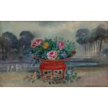 Victorian school - Still Life of Flowers in a Chinese Bowl - watercolour on silk, framed & glazed,