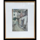 A Beach - Country Lane Scene with Cat in Foreground - signed lower right, watercolour, framed &
