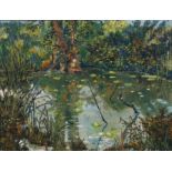 George Fifield (20th century British) - Le Pool - oil on board, label to verso dated 1961, framed in