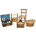 Two Victorian stripped pine wall cupboards; together with a Victorian bedroom chair, a wicker picnic