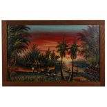 Polynesian school - Village Scene - signed 'A Dicillo' (?) lower right, oil on canvas, framed, 98 by