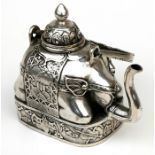 A Chinese metal teapot in the form of a recumbent elephant, 12cms (4.25ins) high.