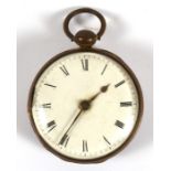 A Georgian open faced pocket watch, the enamel dial with Roman numerals, the fusee movement