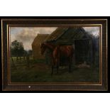 H Hardy Simpson - Study of a Horse by a Stable - signed lower right corner - oil on board, framed,