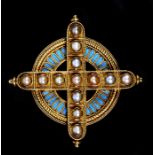 An antique Italian yellow metal pearl & turquoise enamel set pendant or brooch (test as high carat