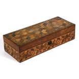 A Victorian Tunbridgeware pencil box, the top decorated with tumbling block design, 27cms (10.