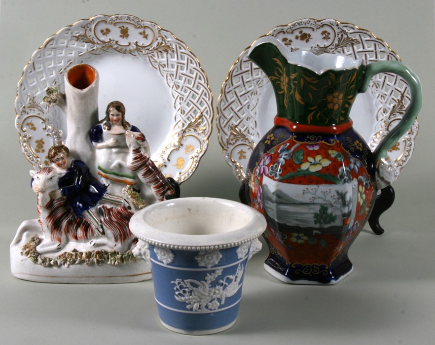 A 19th century Staffordshire spill vase; a Mason's Ironstone jug; and other items.