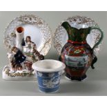 A 19th century Staffordshire spill vase; a Mason's Ironstone jug; and other items.