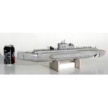 A scratch built wooden model of the WW2 German U Boat submarine U-552 on its wooden stand. The