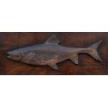 A carved wooden plaque modelled as a salmon, 43cms (17ins) wide; together with a hand-painted 1921