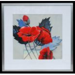 Mary Hickling - Poppies - painting on silk, framed & glazed, gallery label to verso, 41 by 37cms (16