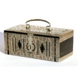 An Arabic / Islamic white metal mounted wooden casket, 15cms (6ins) wide.