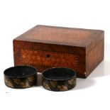 A 19th century Tunbridgeware style box, 33cms (13ins) wide; together with a pair of Regency papier