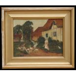 Victorian school - Figure Walking Geese down a Country Lane - initialled 'JA' lower right, oil on