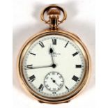 A gold plated cased Waltham open faced pocket watch, the white enamel dial with Roman numerals and