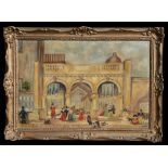 Herd (Victorian style) - Figures by a Parade of Shops - signed lower right, oil on canvas, framed,