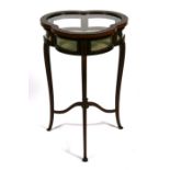 An Edwardian inlaid mahogany club shaped vitrine, on three legs, 47cms (18.5ins).