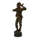 A Moreau, a bronzed spelter figure depicting a young boy blowing a horn, 39cms (15.25ins) high.