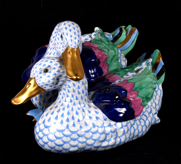 A large Herend porcelain group of two ducks, impressed number 5035, 38cms (15ins) wide.