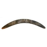 A mid 20th century Australian Aboriginal boomerang carved with kangaroos, 69cms (27ins) wide.