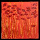 Patricia Lomax (British b1940) - Poppy Field - signed to verso, oil on canvas, unframed, 40 by 40cms