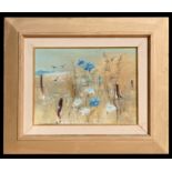 Patricia Reynolds - Blue Flowers in a Field - signed lower right, oil on canvas, framed, 39 by 30cms