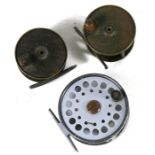 Three vintage fly fishing reels to include 'Sharp's of Aberdeen, The Gordon'; 'Warners of