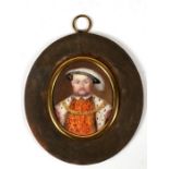 An enamel portrait miniature depicting Henry VIII, 5 by 6cms (2 by 2.25ins).Condition Report Small