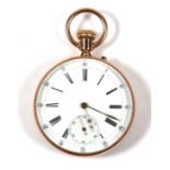 A yellow metal (tests as gold) open-faced skeleton pocket watch, the enamel dial with Roman numerals