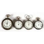 Three silver cased open faced fob watches; together with an open faced pocket watch (4).