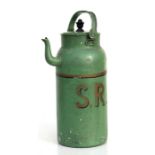 A green painted aluminium tea kettle initialled 'SR' (possibly Southern Railway), 40cms (16ins)