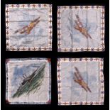 A group of four WWI RAF silk handkerchiefs decorated with bi-planes, ships and RAF emblems, each