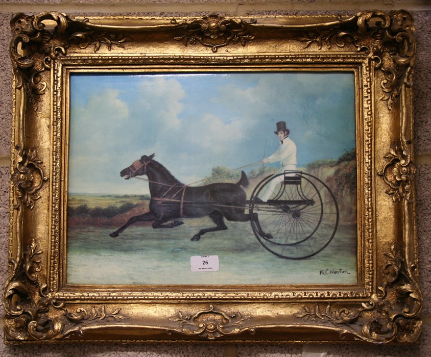 A plaster plaque decorated with a man riding a horse drawn buggy, framed, 39 by 30cms (15.25 by 11. - Image 3 of 3