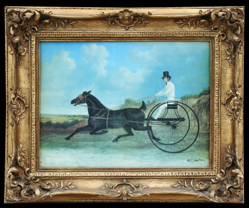 A plaster plaque decorated with a man riding a horse drawn buggy, framed, 39 by 30cms (15.25 by 11.