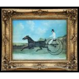 A plaster plaque decorated with a man riding a horse drawn buggy, framed, 39 by 30cms (15.25 by 11.