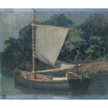 Attributed to Percy Thurburn (1869-1964) - Moored Lugger on the Helford River - initialled lower