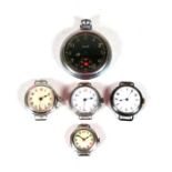 A group of silver cased trench watches and other watches (5).