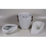A white enamel bucket and cover; together with two enamel bed pans (3).