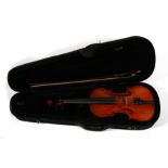A one piece back violin and bow, cased.Condition Report Violin back measures 35cms.