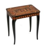 An Italian Sorrento ware musical sewing table, the top inlaid with dancing peasants, 34cms (13.