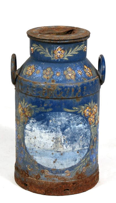 A milk churn with painted decoration, 57cms (22.5ins) high.